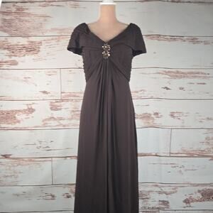 Tadashi Shoji Maxi Gown Pleated Ruched Jewel Front Brown Size 8